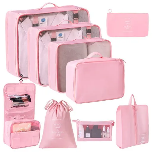 Travel Clothes Storage Organizer Set With Hanging Toiletry Bag & Cosmetic Pouch, 9 Pcs Travel Packing Pouches, Pink, Complete Long Trip Gift