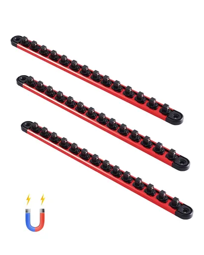 Socket Organizer Rail Set, 3PCS Metric & SAE Aluminum Socket Organizers, 1/4'', 3/8'' & 1/2'' Heavy-Duty Socket Holder with 360° Rotating Clips for Tool Box, Hold up to 40 Sockets, Red & Black