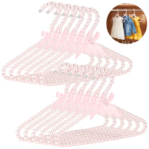 12PCS Pink Pearl Beaded Clothes Hangers Set, Small Wardrobe Hangers with Ribbon, Elegant Bowknot Mini Clothing Hanger for Closet Organizer, 11.8" x 7.9