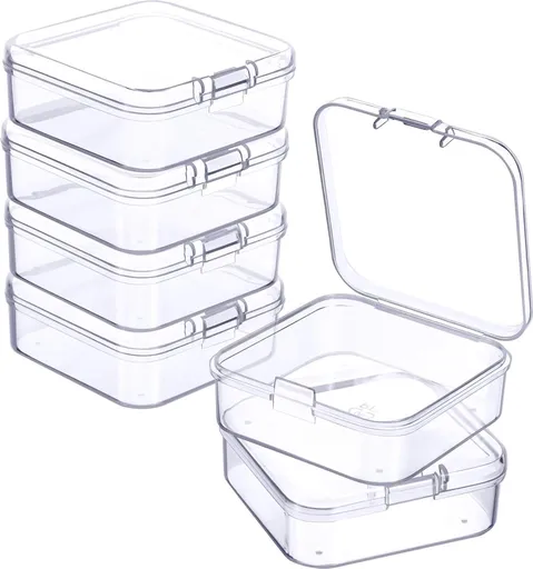 6 Pieces - Small Clear Plastic Storage Box Containers with Hinged Lids - L 5.5 x W 5.5 x H 2cm - Mini Boxes for Pills, Beads, Jewelry & Hobby Items - Stackable Mini Tubs - Transparent