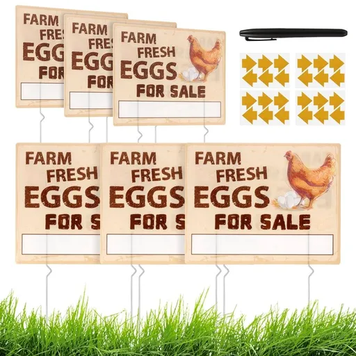 6/10 Pcs Fresh Eggs Metal Sign 14 x 11 inches with Stakes Marker Pen Arrow Stickers Weatherproof Fresh Egg Yard Sign for Outdoor