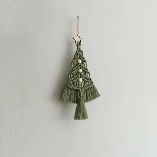 Bohemian woven Christmas tree wall hanging, handmade from pure cotton, accented with wooden beads and tassels, an artistic and healing holiday decoration. (pitch green)