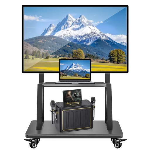 TV Stand for 32–70 Inch TVs with Projector Shelf, Lockable Wheels, Adjustable Height, Cable Management, Freestanding Steel Frame TV Cart Rolling Floor Stand For 32-70 Inch LCD LED OLED Flat Panel Screens Smartboard Movable Holds Up To 100lbs With She