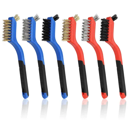 Wire Brush Set 6Pcs, Multi-Purpose Stainless Steel/ Brass/ Nylon Bristle with Curved Handle Grip for Welding Slag Cleaning, Metal Rust Scratching, Paint Scrubbing and Dirt Removal