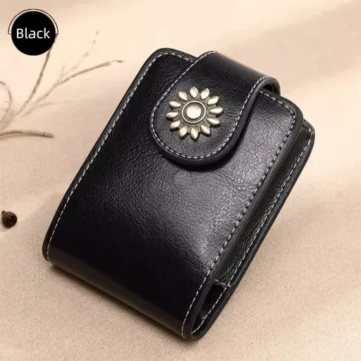 Black Sleek Compact PU Leather Flap-Top Lip Gloss Organizer with Built-in Mirror