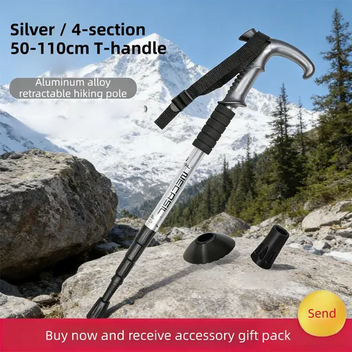 2 Pack Silver Lightweight Outdoor Telescopic Aluminum Alloy Trekking Pole (50 to 110cm) - Unisex Anti-Slip Outdoor Walking Stick with Spring Shock Absorption & Ergonomic T-Handle, Free Mud Mop and Tip Cover