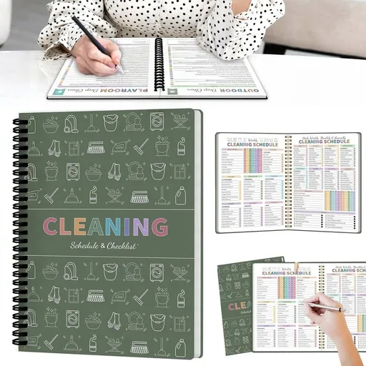 Cleaning Planner for Adults Women, Daily Weekly Monthly Household Cleaning Schedule & Checklist Notebook, Green Cover, 120 Pages, By Kingtowag