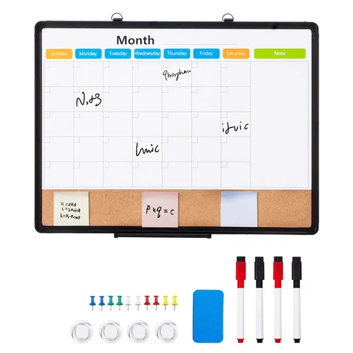 24"x 18" Monthly Calendar Whiteboard & Cork Board Combo with Aluminum Frame – 2-in-1 Magnetic Dry Erase Bulletin Board for Wall Mount – Ideal for School, Home, Office