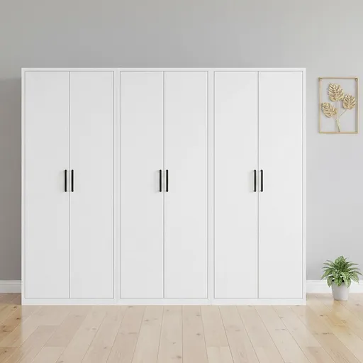 240x200cm 6-Door White Steel Shelf Wardrobe with Black Handle Storage Cabinet