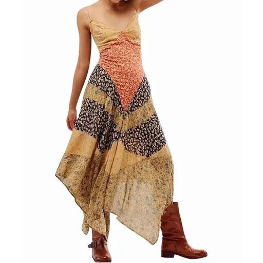 Women Y2k Floral Smocked Maxi Dress Shoulder Tiered Ruffle Midi Sun Dress Boho Casual Beach Long Dresses Yellow S