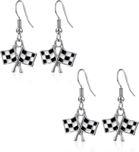 Checkered Flag Earrings, 2 Pairs Checkered Flag Earrings for Women Black and White Race Charm Dangle Earrings Ideal for Women Racing Fans and Race Day Accessories