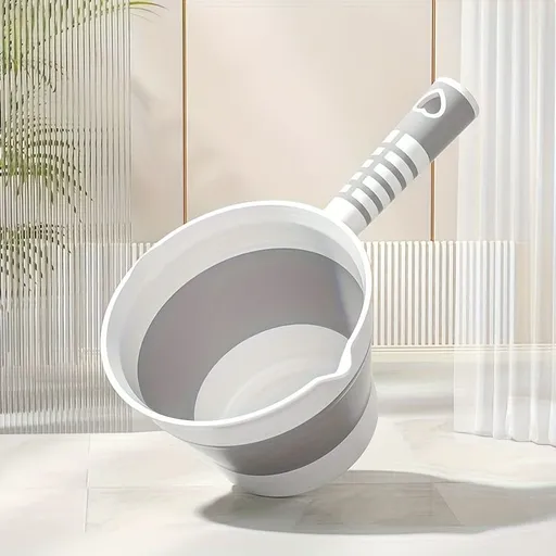 Durable PP Folding Water Scoop, Large Capacity Thick Plastic with Long Handle, Ergonomic Grip & Space-Saving Design for Kitchen & Bathroom Gray White