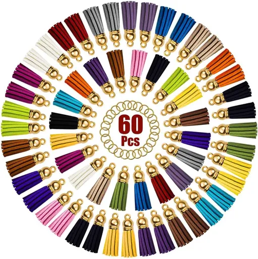 Tassels for Keychains Faux Suede Tassel DIY Jewelry Making 60 Pcs Leather Keychain Charms Bulk & Jump Rings Key Chain Cellphone Straps Pendants Crafts