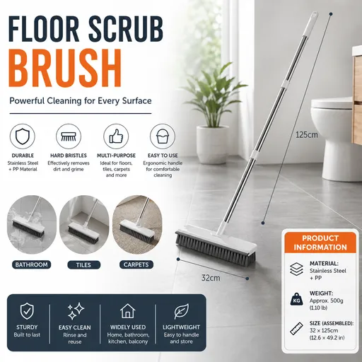 White Long Handle Floor Scrubber Brush - Stainless Steel and PP with Silicone Squeegee, 125cm Length, for Bathroom Tile Grout and Carpet Cleaning