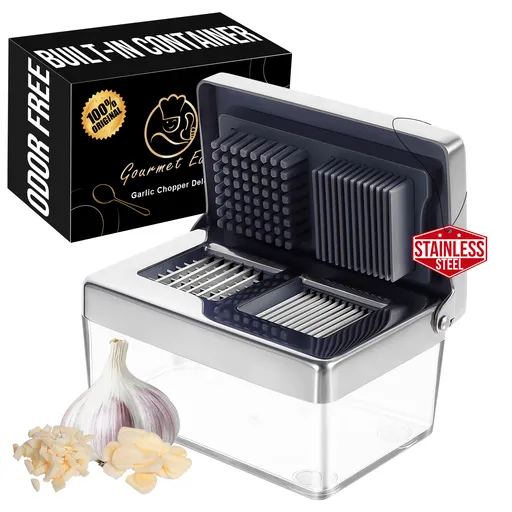 Gourmet Easy Garlic Chopper, Stainless Steel Gralic Press, 2-in-1 Garlic Slicer Super Thin With Container