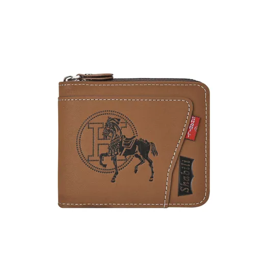 Men's Leather Wallet with Zipper and Horse Embossed Design, Multi-Card Bifold Wallet, Brown