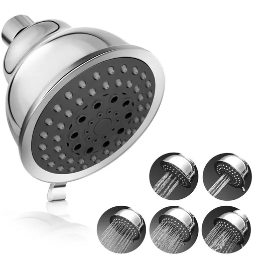 High Pressure Shower Head - 4 Inches Rain Showerhead - 5 Spray Settings - Luxury Modern Chrome Look - Perfect Adjustable