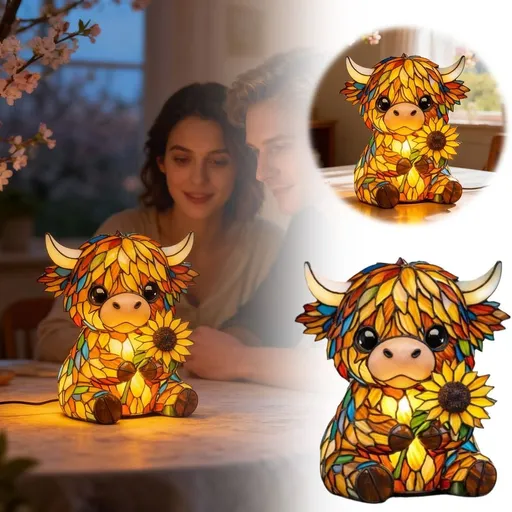 Sunflower Highland Cow Lamp, Stained Glass Style Resin Table Lamp, Warm Night Light for Bedroom, Living Room Decor, Unique Gift for Cow Lovers (Yellow)