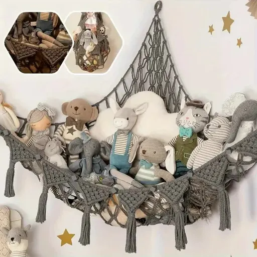 Grey Triangle Woven Plush Toy Corner Organizer (105x105x145cm) with octagonal beads and installation kit - Hand-woven cotton mesh toy storage hammock