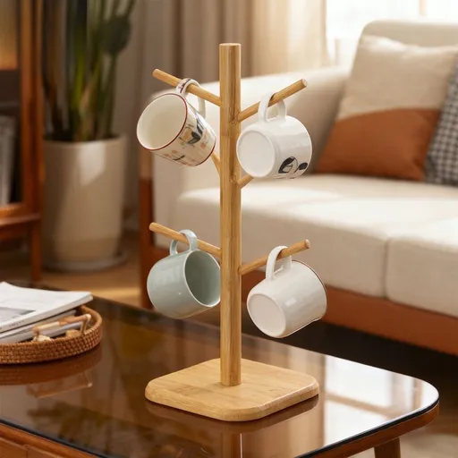 Multicolor Wood Mug Tree Stand with 6 Hooks | Coffee Cup Holder & Kitchen Organizer | Hooks for Drying & Storage