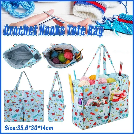 Crochet Yarn Storage Bag Blue Oxford Fabric Knitting Organizer Tote for Crafts