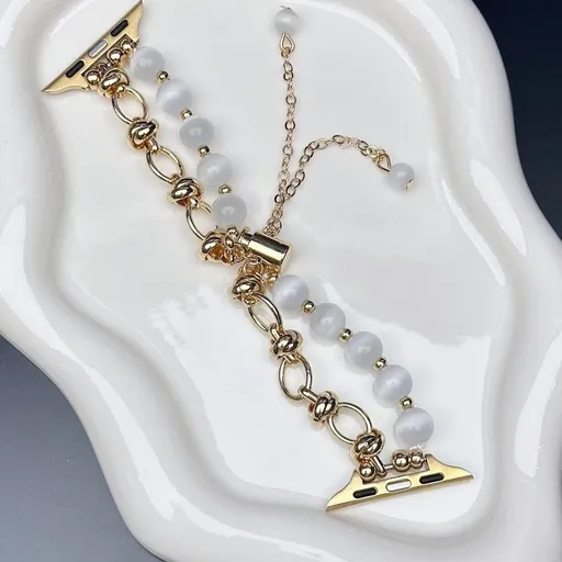 2-pcs Gold chain with white beads Elegant Cat's Eye Beaded Bracelet Band for Apple Watch - Women's Luxury Strap (Compatible Size :42/44/45MM )