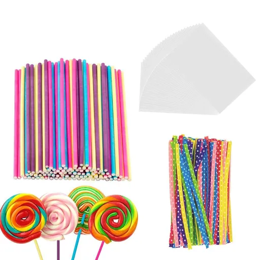 Cake Pop Sticks and Wrappers Ties Kit, Including 500 Pcs Colorful Paper Lollipop Sticks 100 Pcs Clear Cake Pop Bags