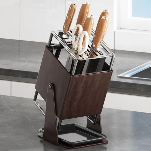 Universal Knife Block Holder Without Knives,Knife storage with Slots for Scissors and Sharpening Rod, Knife Holder Storage for Countertop, Stainless kitchen Knife Holder for Easy Clean - Wood - Size 9.6*6.3in