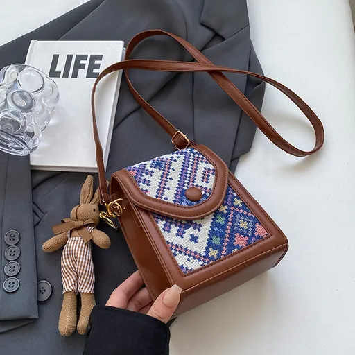 Blue Boho-Chic PU Leather Crossbody Phone Purse with Cute Rabbit Pendant - Stylish Multi-Functional Compact Square Bag