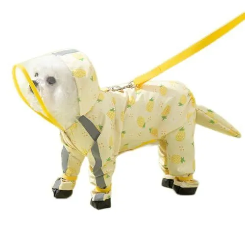 Waterproof Dog Raincoat,Full Coverage 4 Legs Dog Rain Jacket for Small Dogs,Pet Rain Coat with Hood,Reflective Strips&Leash Hole Outdoor Raincoat - Yellow - Size 2XL