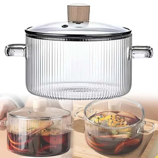 Glass Cooking Pot with Lid, 1.5L(51oz) Heat Resistant Borosilicate Glass Stovetop Pot, Double Handles Clear Non-Stick Cookware, Clear Glass Pots for Soup, Pasta & Baby Food Cooking