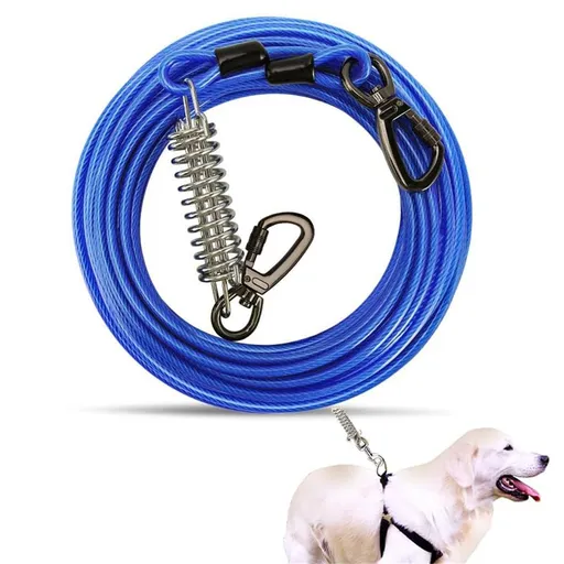 3m Dog Tie Out Cable with Spring, Shock Absorbing Tether Chains for Outside Aavilable in Heavy Duty Leads for Yard for Medium & Large Dogs Up , Blue