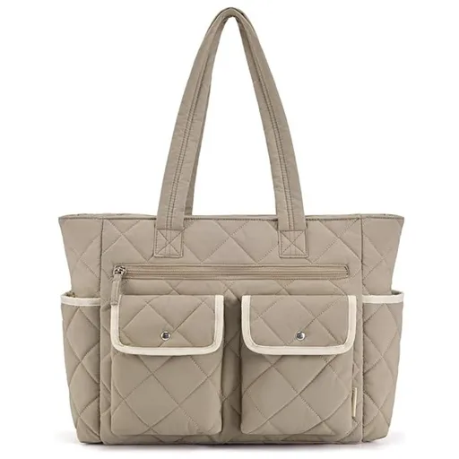 Grayish-brown Women's Multi-Pocket Tote Bag - Large Quilted Travel Handbag for Work, Gym, and More