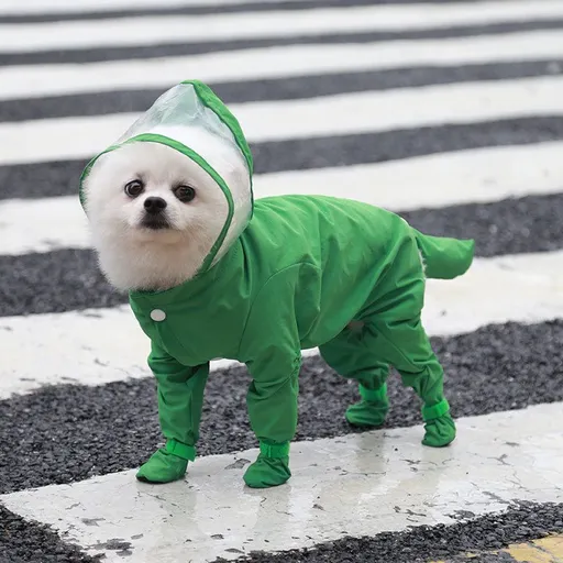 Pet Raincoat Full Coverage Waterproof Jumpsuit M Size Green Lightweight Hooded with Attached Shoes and Tail Cover for Small Dogs