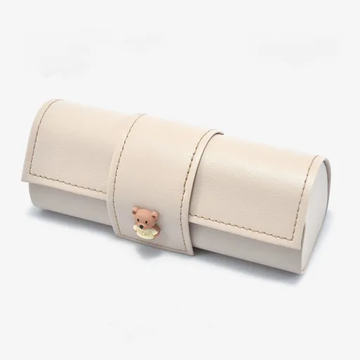 3 PCS Cute Bear PU Leather Glasses Case Large Capacity - Portable Protective Sunglasses Holder for Big Frames - Beige Eyewear Storage Box