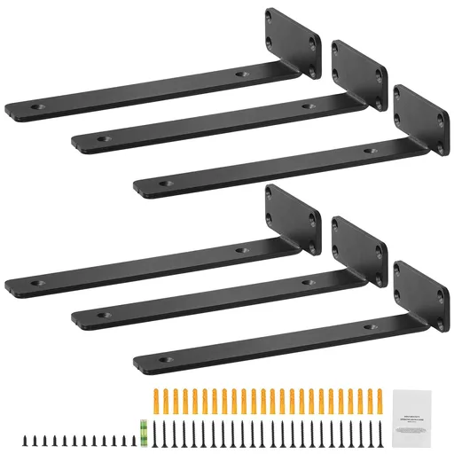Shelf Bracket, 31cmL x 10cmW x 4.5cmH 6 Pcs, Heavy Duty Floating Shelf Brackets, Brackets for Shelves, 5mm Thick Matte Black L Shelf Bracket,Steel Shelving Brackets with 72.6 kg Load Capacity
