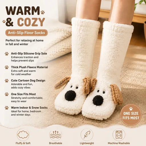 Cute Animal Plush Floor Socks - White Puppy Thickened Coral Fleece Non-Slip Indoor Winter Warm Sleep Socks with Non-Slip Dots, Comfortable for Home Use