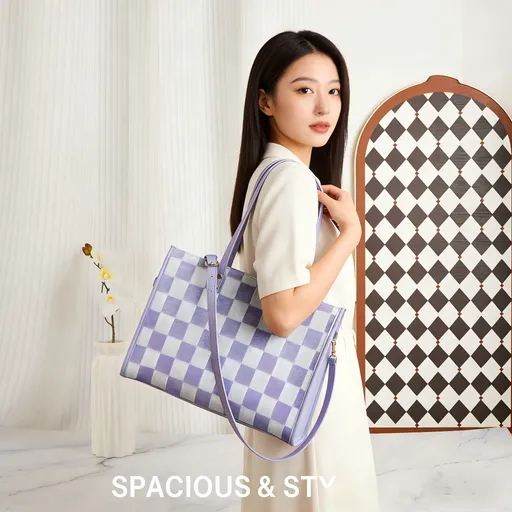 Laptop Tote Bag Light Purple Checkered Two-in-One Handbag and Cross-Body Bag 37cm x 12cm x 28.5cm