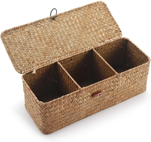 Seagrass Storage Basket with Lid Rectangular Small Woven Shelf Baskets with Sections for Organize Snack Toys Tampon（27*10*10.3cm）
