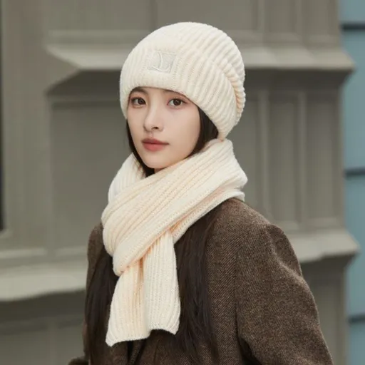 Women's Winter Knit Beanie & Scarf Set, Thick Vertical Stripe Warm Slouchy Hat with Ear Protection and Scarf—Beige