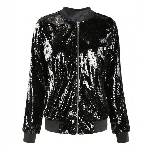 Women Sequin Baseball Jacket HANCY Loose Polyester Black XXL spot wholesale