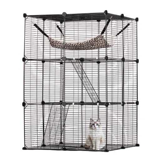 Large 3-tier Cat Cage, 28 x 28 x 41", DIY Detachable Metal Wire Durable Cat Enclosure, with Large Hammock 2 Ramp Ladders, Fit for Cats Exercise Indoor ＆ Outdoor, Ease of Assembly, Black