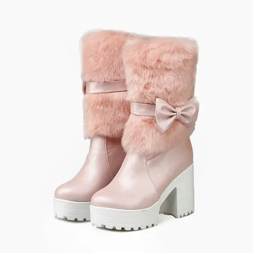 House Of Dasein Furry Pink Bow Boots - Pink - 9