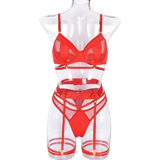 House Of Dasein Spring And Summer Fashion Lace Complex Craft Gathered Hollow Out Mesh Sexy Lingerie Four Piece Set For Women - Red - M