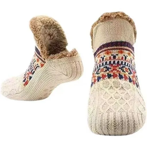Men's Fleece-Lined Anti-Slip House Socks – Warm, Cozy, and Secure for Indoor Wear with Plush Sherpa Lining and Silicone Grip Dots (S, Beige)