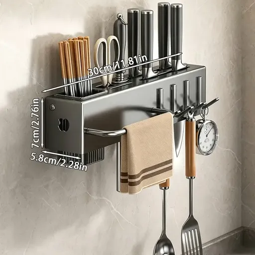 Multi-functional Wall-Mounted Kitchen Knife Holder & Organizer: Carbon Steel & ABS, Drill-Free, Segregated Storage for Knives, Chopsticks & Spoons, Water-Draining & Moisture-Proof for a Refreshed Countertop / (Gun Grey) 30CM Strip Knife Holder