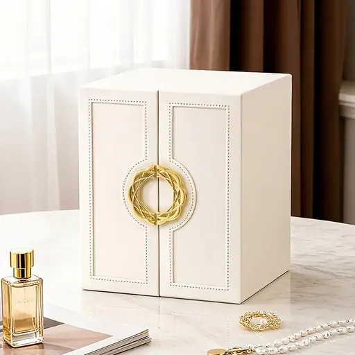 White 1 Large Faux Leather Jewelry Storage Box with 5 Drawers and Gold Handles - An elegant rectangular storage space for rings, necklaces, bracelets, earrings, and watches - Features soft fabric lining, side door design, textured surface finish -