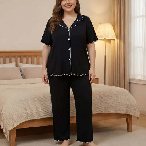 Black Size 3XL | Loose Fit Buttoned Homewear Set | Halloween Inclusive Relaxed Gift | Short Sleeve Solid Color Plus Size Sleepwear Two-Piece