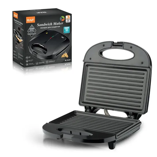 Compact 850W Dual-Sided Sandwich Maker with Non-Stick Striated Plates, Portable Snap-Lock Handle, Effortless Cleanup for Quick Homemade Breakfasts, Snacks, and Light Meals (Black)