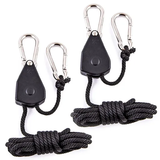 2 Pack 1/8in Heavy Duty Rope Hanger, Adjustable Ratchet Plant Light Slings Buckle Tent Canopy Rope Stop Buckle Tent Guy Ropes with Pulley for Outdoor Camping Hiking